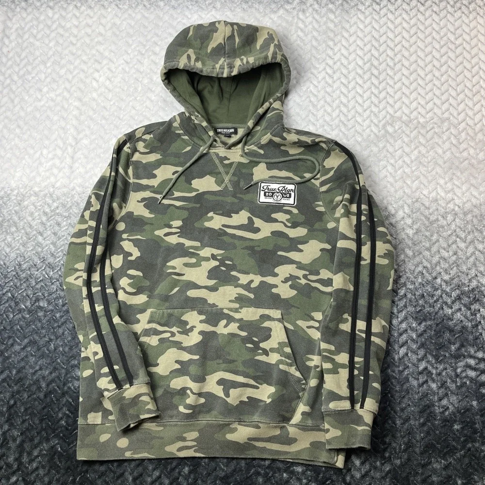 True Religion Hoodie Mens M Green Camo Pullover Patch Logo Drawstring